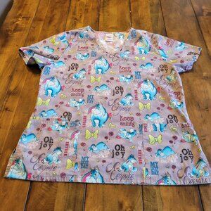 Womens M Scrub Top Eeyore Oh Joy Hospital Uniform Healthcare Winnie the Pooh Tee